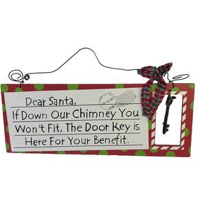 Christmas Wooden Hanging Sign “Dear Santa” Key for Door‎ Red Green Dots 12x7x1